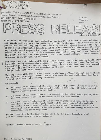 Printed black-and-white sheet headed 'CCRL' and 'PRESS RELEASE'.
