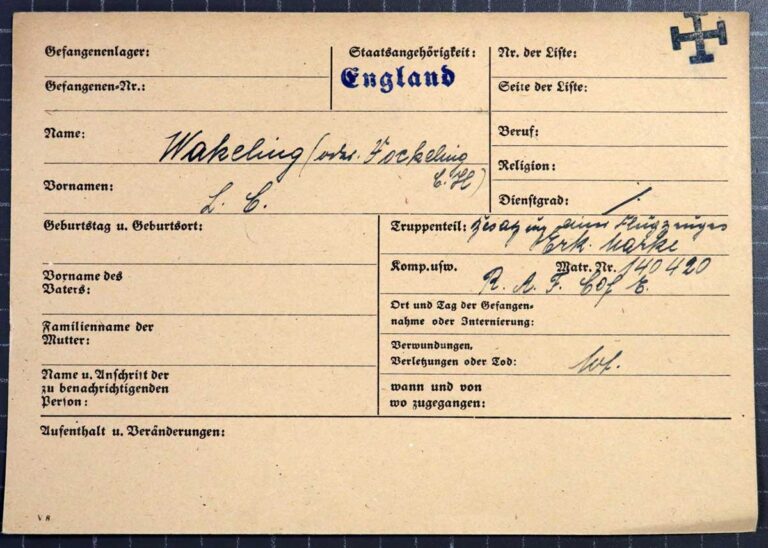 Yellow card with printed German headings, filled in in ink.