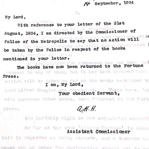 A typed letter signed by 'Your obedient servant A. H. H. Assistant Commissioner'.
