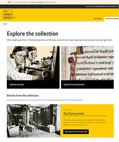 A screenshot of the front page of the National Archives beta site. 