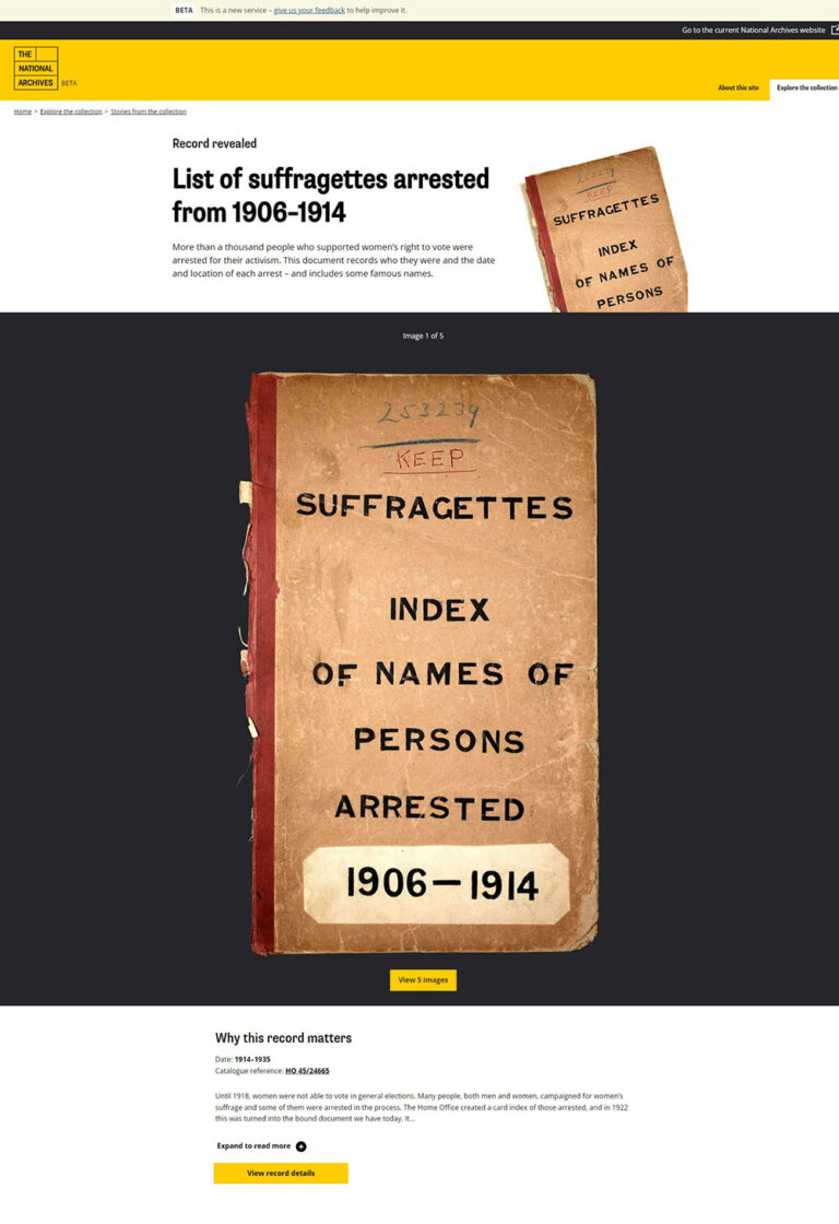 A screenshot of a webpage featuring a large picture of the front cover of a document listing suffragettes arrested. 