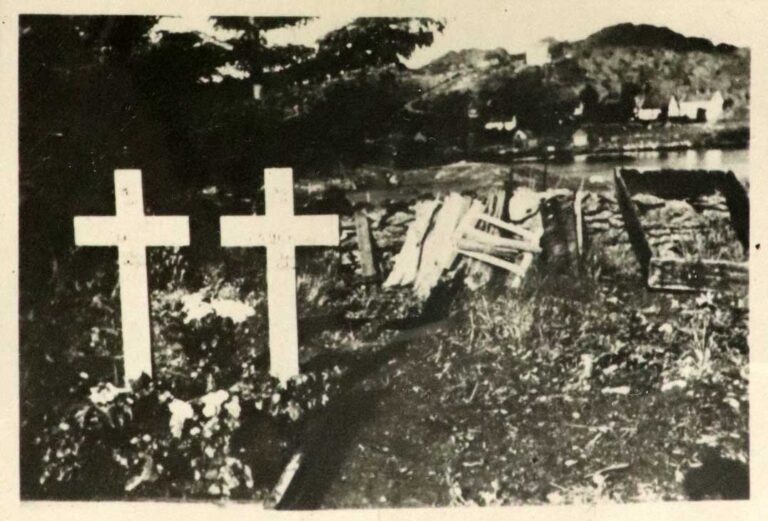 Two cross-shaped headstones beside grass and a pile of chopped wood.