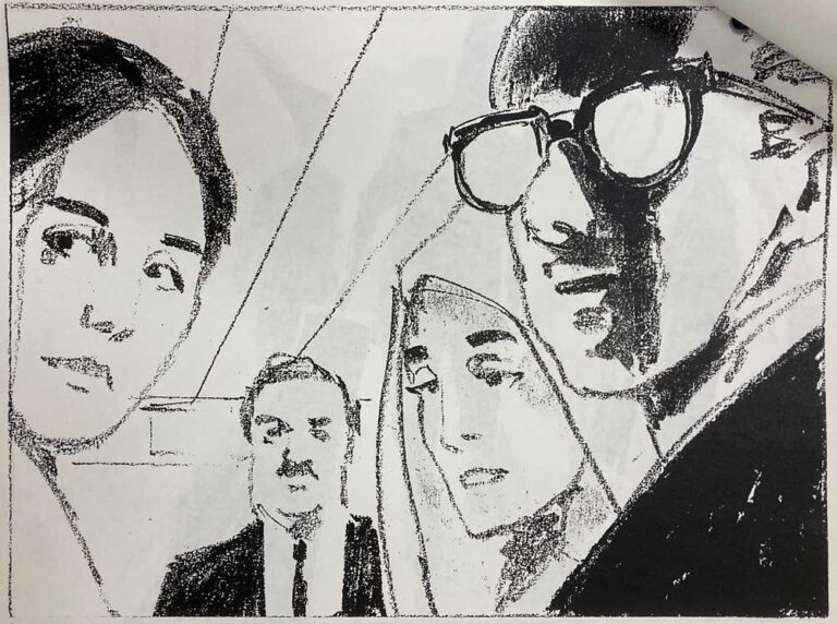 Black and white sketch of two women and two men gaze down at something, sadly.