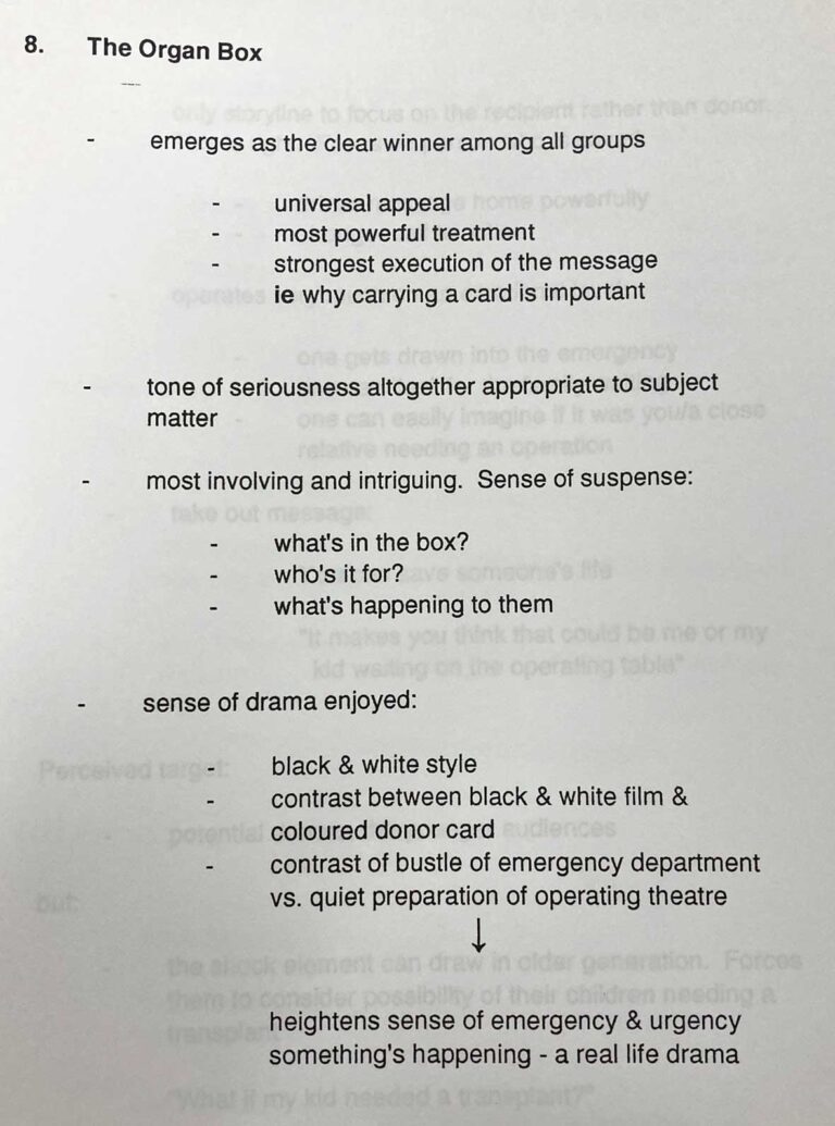 Printed paper headed '8. The Organ Box' with a number of bullet points including 'emerges as the clear winner among all groups'.