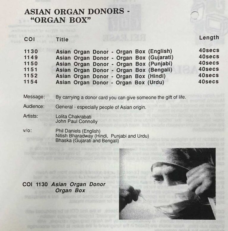 Printed page including a summary of the film's 'Message', 'Audience', 'Artists' and 'v/o' (voice actors) above a still image from it.