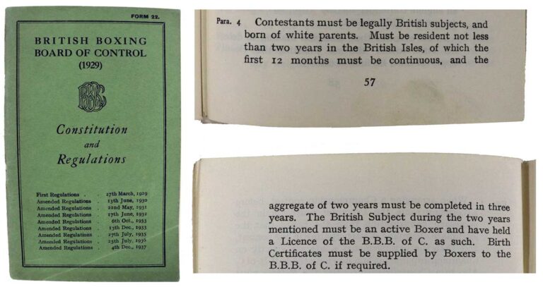 The green cover of a book alongside the following text from it: 'Contestants must be legally British subjects and born of white parents. Must be resident not less than two years in the British Isles, of which the first 12 months must be continuous, and the aggregate of the two years must be completed in three years. The British Subject during the tow years mentioned must be an active Boxer and have held a Licence of the B.B.B. of C. as such. Birth Certificates must be supplied by Boxers to the B.B.B. of C. if required.'
