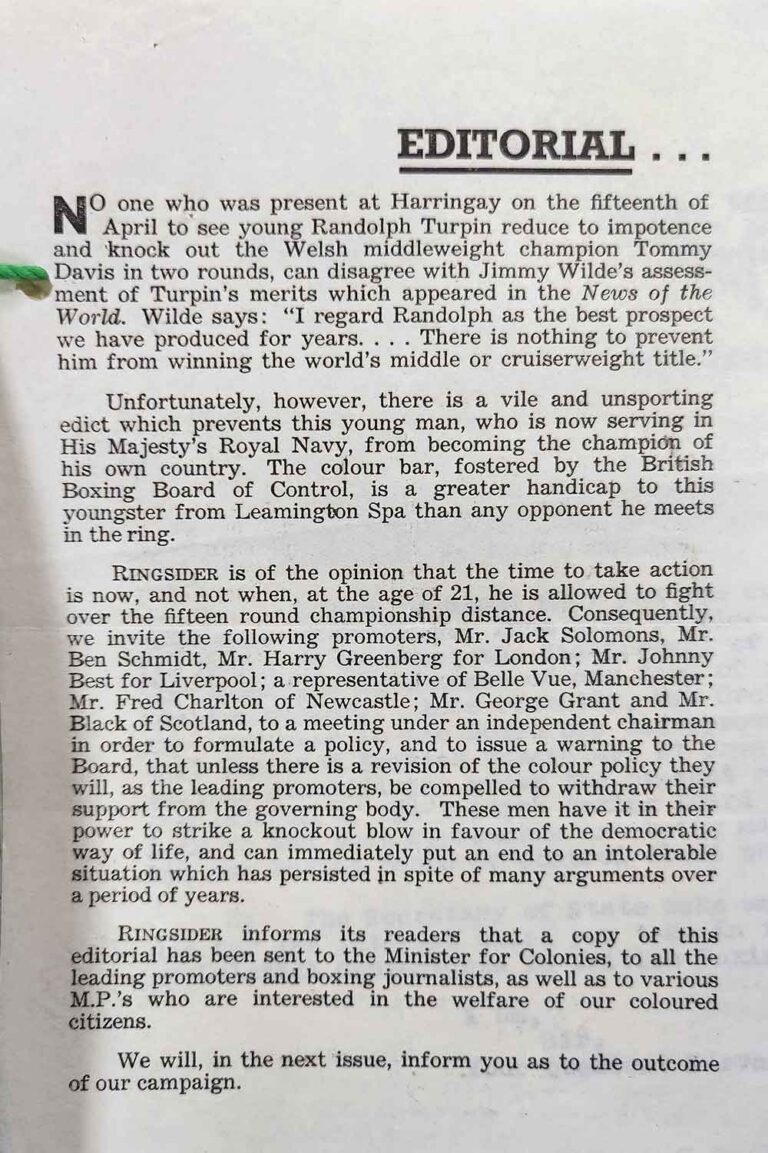 Printed page headed 'Editorial' that includes the phrase 'The colour bar ..., is a greater handicap to this youngster from Leamington Spa than any opponent he meets in the ring.'