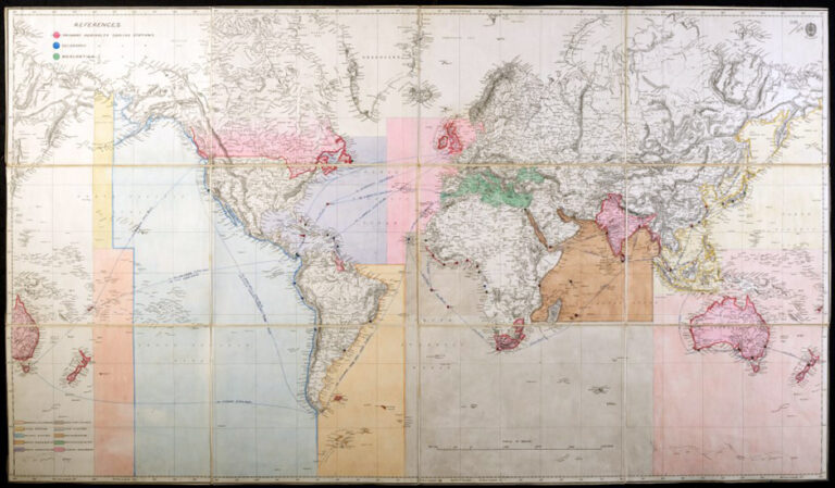 A map of the world showing points where British naval and coaling stations were situated. 