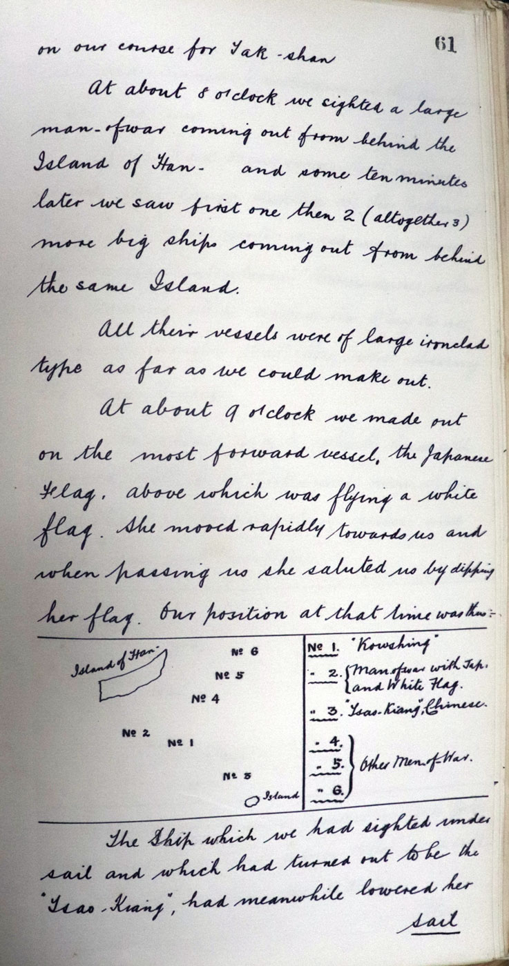 A hand-written extract with a small diagram detailing ships. It's page 61.