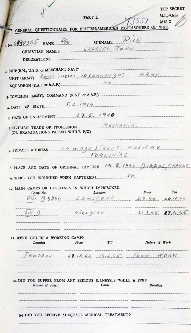 Printed sheet headed 'General Questionnaire for British/American Ex-Prisoners of War', filled in in black pen.