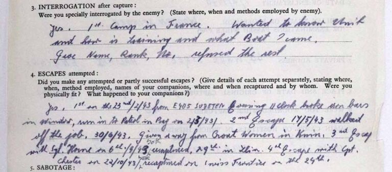 Extract from a questionnaire page with detailed answers written in blue pen to questions about 'INTERROGATION after capture' and 'ESCAPES attempted'.