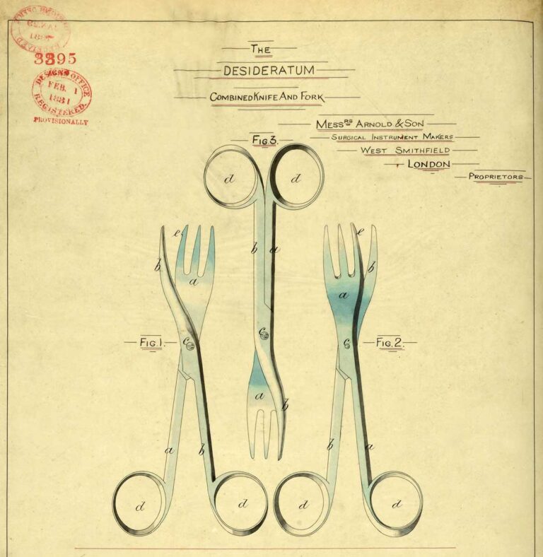 A yellow page with three drawings showing different angles of the combined knife and fork.