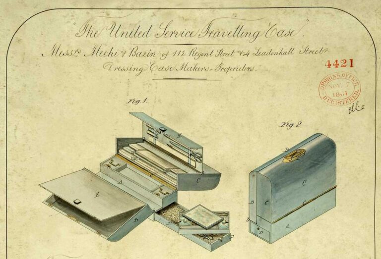 Labelled diagram of a blue case open, with many folding compartments, and closed.