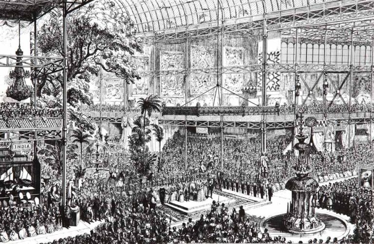 Ink drawing of thousands of people inside an enormous greenhouse-like building. 
