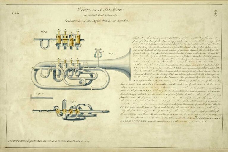 Page featuring four diagrams and a large chunk of handwritten text about the Sax-Horn.