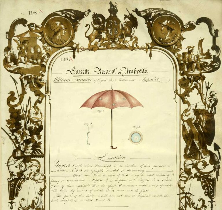 An extremely large patterned, gold-coloured border showing figures and scenes surrounds a diagram of the parasol and a handwritten description of it.