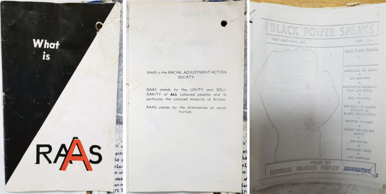 Three images of two documents at The National Archives. One is 'What is RAAS' the other 'Black power speaks'. 