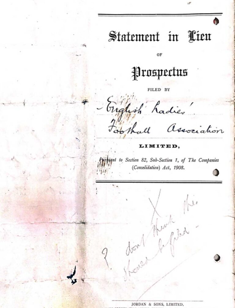 Official document headed 'Statement in Lieu of Prospectus by', with 'English Ladies' Football Association' filled in with ink.