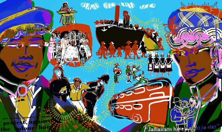 A colourful collage featuring a black man and woman on either side of the image. Between them are representatins of a wedding, a black man being arrested, nurses, a steel band, a London Bus and the Empire Windrush ship.