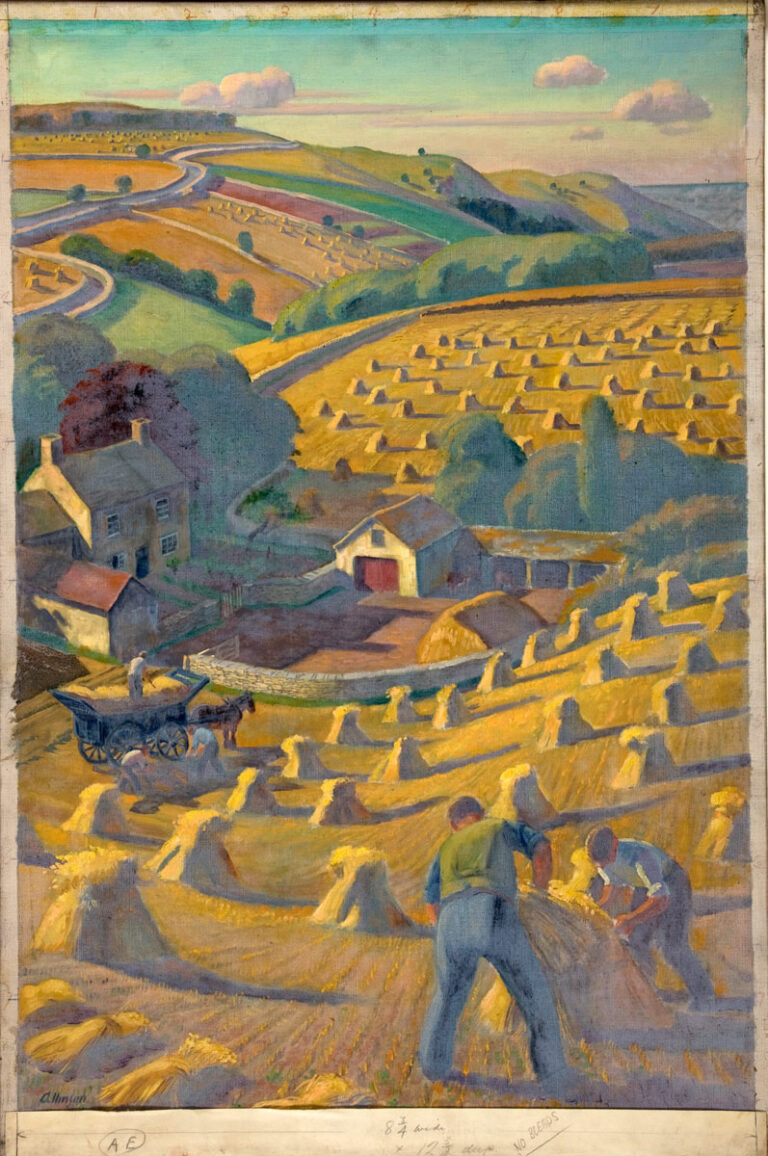 The painting depicts a country scene at dusk. Two men in shirtsleeves gather wheat and stack it/lay it out neatly across the hilly fields. At the bottom of the valley is a haycart and horse, as well as farm buildings accessed by a winding narrow road. 