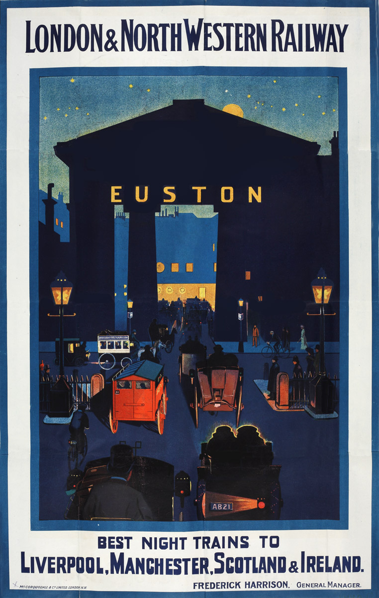 This poster features Euston Station in London, looking rather glamorous, its name lit up against the dark background of the night sky. There is a contrast between the arch of the railway station with the lighting of the street and inner station. In the foreground, old motor vehicles transport people through the Arch to the lights of the theatres and restaurants beyond. The poster advertises night trains to Liverpool, Manchester, Scotland and Ireland.