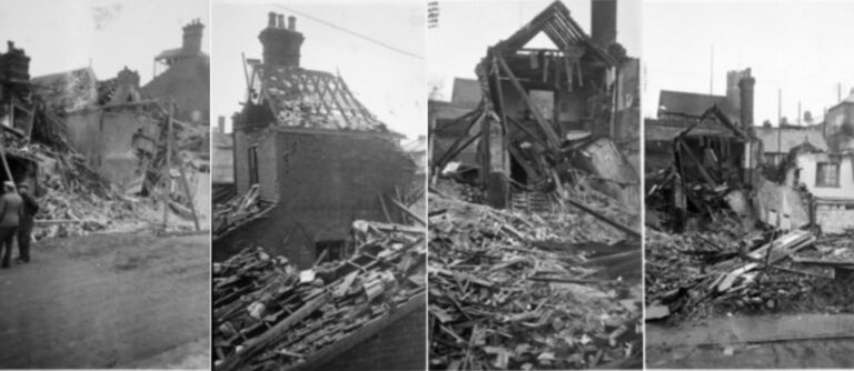 Four photographs of the remains of buildings with wooden rooves destroyed but brick walls remaining.