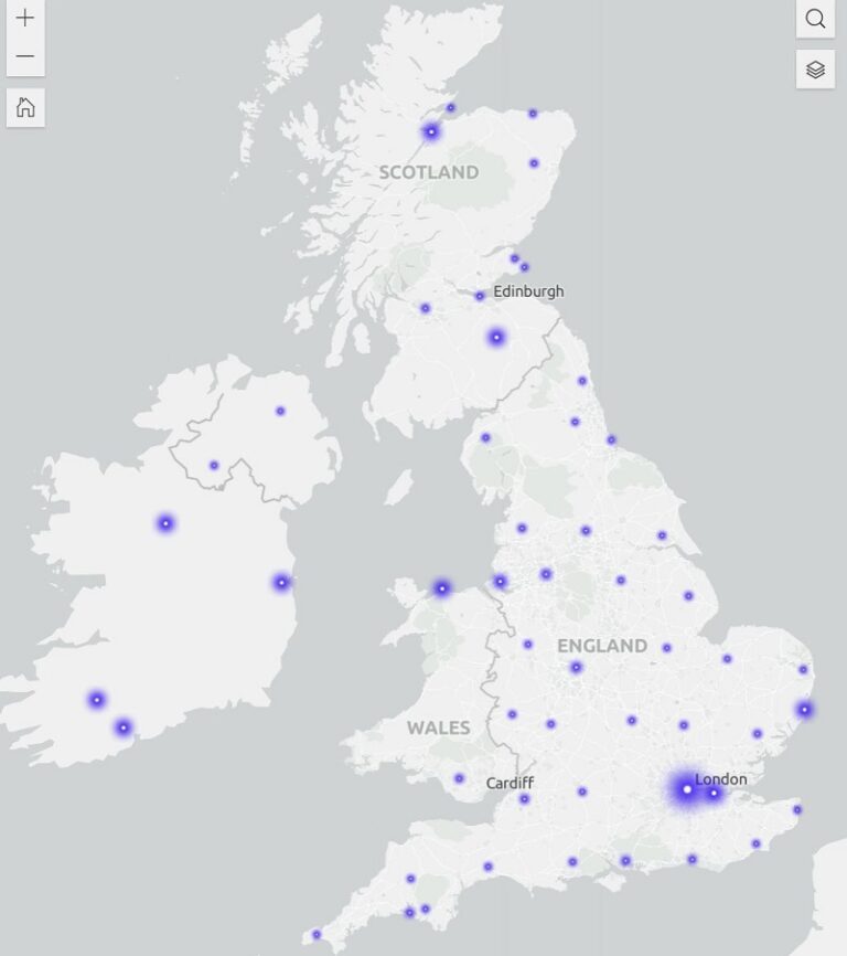 A map showing passengers onwards journeys from the Ormonde, Almanzora, and Empire Windrush dotted across the UK and the Republic of Ireland. There are other 50 dots as south as Cornwall and as north as Inverness. 