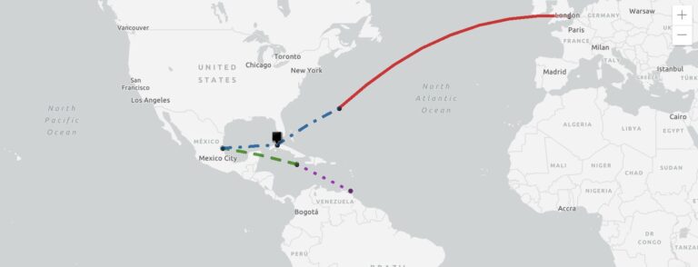 A map showing the route of the Empire Windrush took in 1947. Starting in Trinidad and sailing to the UK via Jamaica, Mexico and Bermuda.