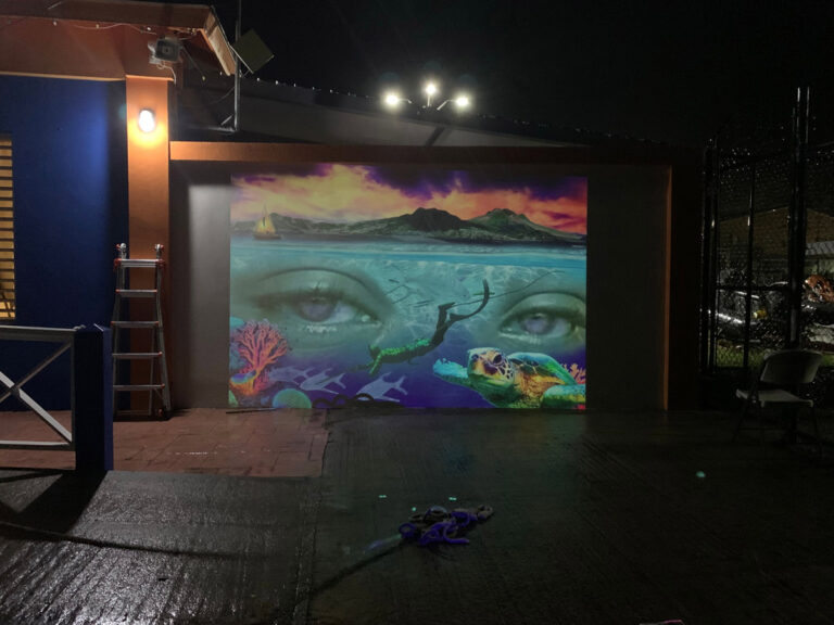 A mural of an ocean view. From under the sea a pair of eyes look towards the viewer, there are sea creatures and flowers at the bottom. Above the sea is a mountainous view with a dramatic skyline. A ship is sailing. The mural sits in a port terminal at night with lighting overhead. 