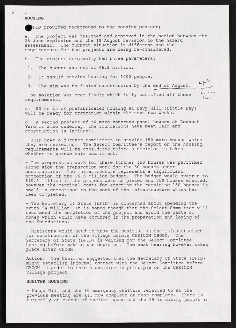 A typed document titled 'Housing'. A number of paragraphs explain a plan for emergency housing and includes three parameters: 1) the budget was set at £6.5 million 2) it should provide housing for 1000 people 3) the aim was to finish construction by the end of August.