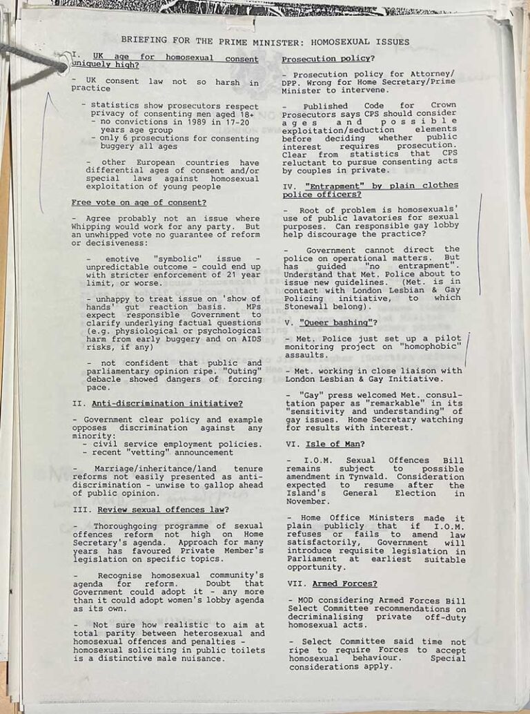 A typed official document headed 'Briefing for the Prime Minister: homosexual issues'