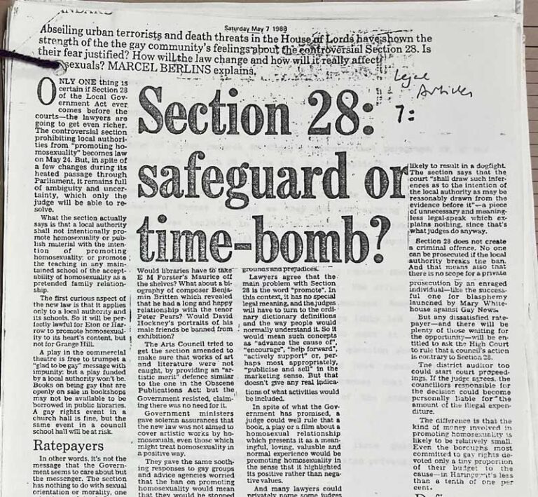 Photocopy of a newspaper front page saying 'Section 28: safeguard or time-bomb?'