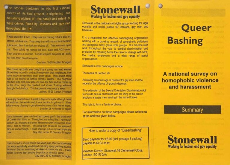 A leaflet with the title 'Queer Bashing: A national survey on homophobic violence and harassment'. 