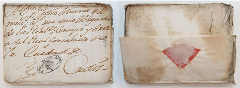 A side by side comparison of the front and back of an old handwritten letter. 