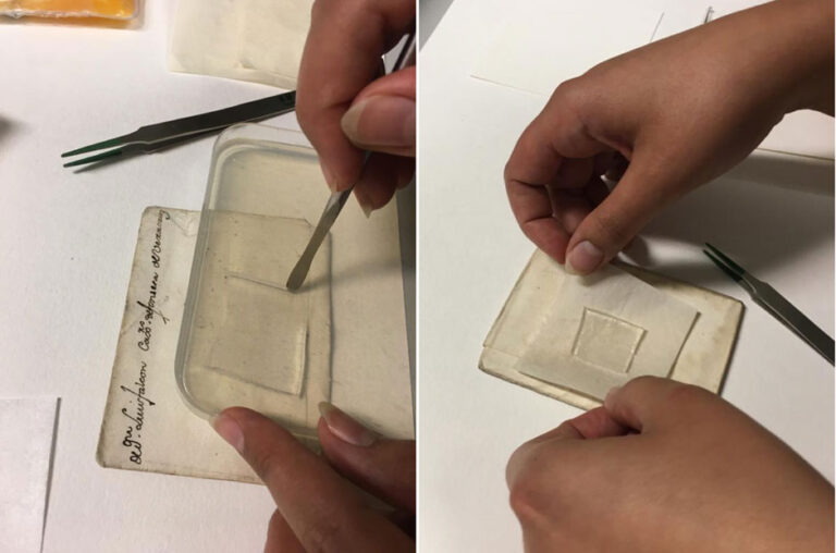 Hands cutting out a square of clear gel and carefully laying it over a folded letter.  