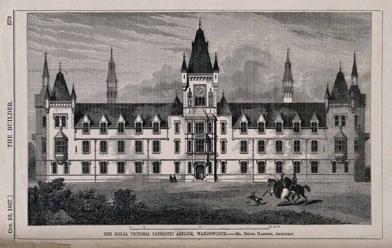 Illustration of a grand, Gothic-style building with two men on horseback outside.