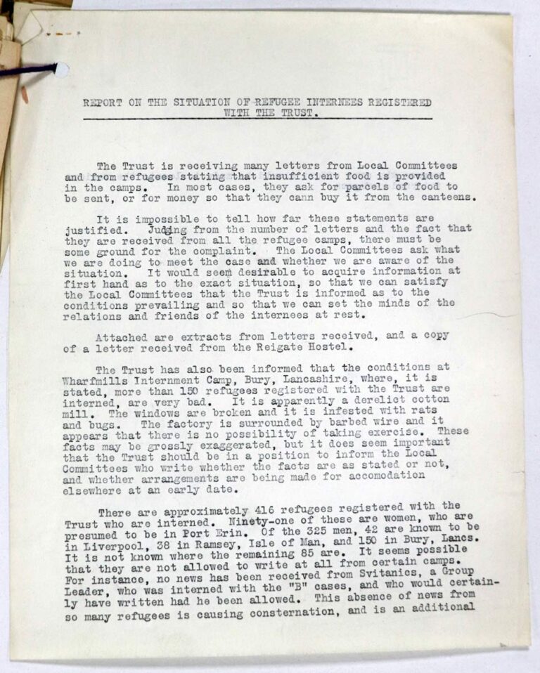 A typed letter from the Czechoslovakia Refugee Trust highlighting concerns around conditions in interment camp, with one in Bury named.  