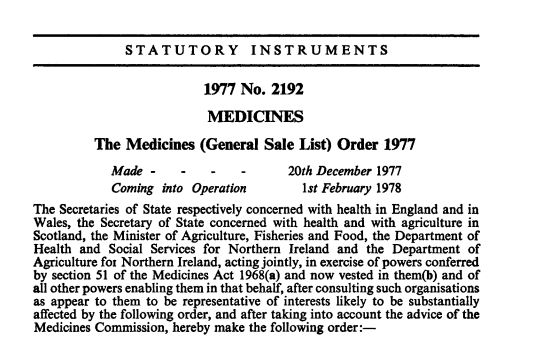 A screenshot of the first page of the Statutory Instruments 1977 No. 2192 MEDICINES, The Medicines (General Sale List) Order 1977.