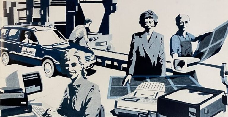 A drawing of employees at the HM Stationery Office at work.