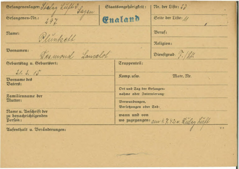 A completed POW card for Desmond Plunkett. The form is completed in handwritten pen.