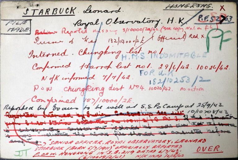An index card with handwritten notes on it. The notes are written at different times and in different colours: red, black and green. There are dates and the name Starbuck, Leonard is written. 