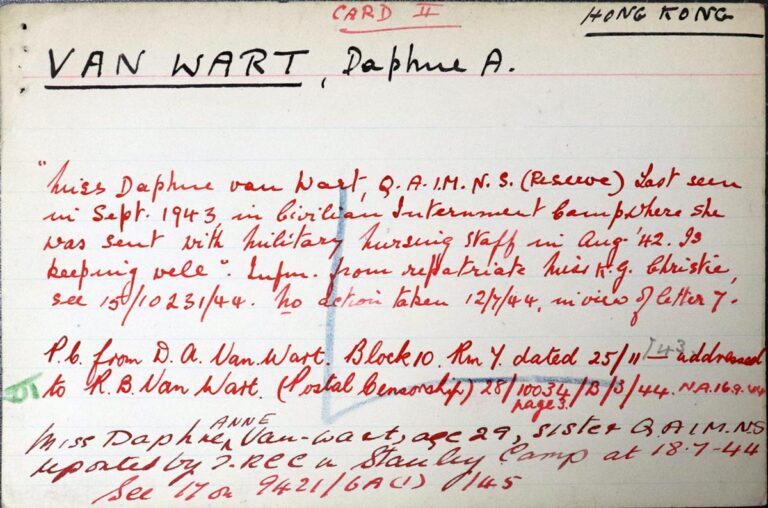 An index card on 'Van Wart, Daphne, A.' with handwritten notes on it. The notes are written at different times and in red and black. There are dates besides notes on the subject, Daphne. 