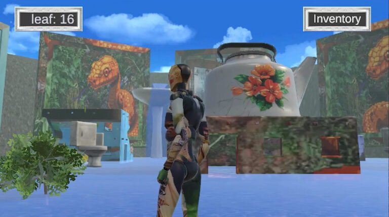 A video game showing a human-like character navigating a dream-like world featuring blue cloudy skies, a large teapot, and images of dinosaurs. 