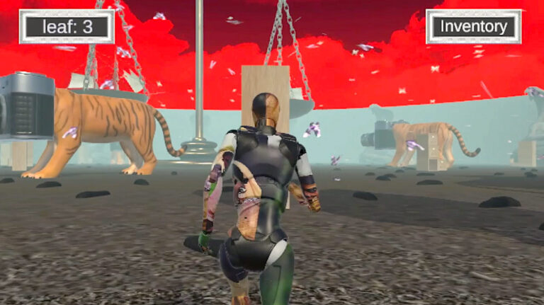 A video game showing a human-like character navigating a dream-like world featuring red skies, tigers, and large cameras. 