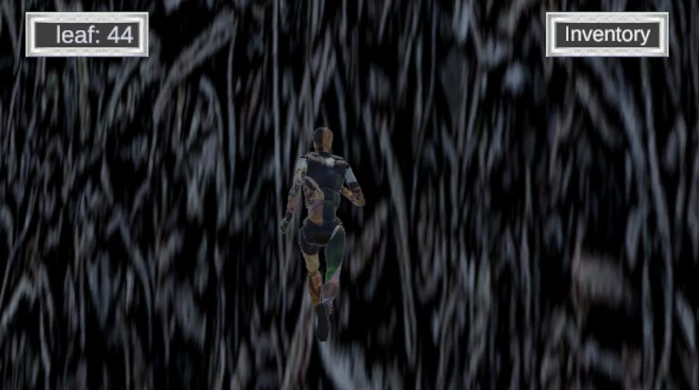 A video game showing a human-like character navigating a dark world with white lines surrounding them. 