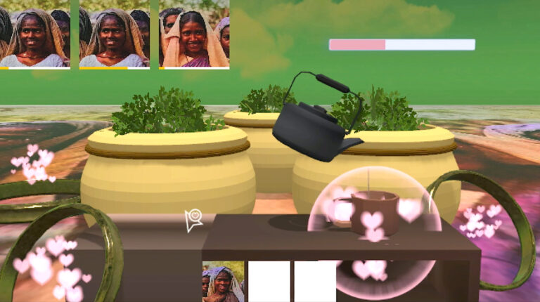 A video game showing tea being poured into a cup with a loading bar indicating how much has been poured. There are three images of females in the top left. There are three plants in large pots. 