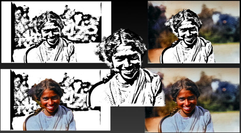 A female smiling in a rural setting shown in five different ways, each with less colour used leading to one with no colour. 