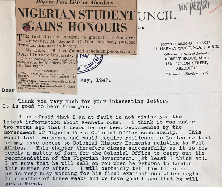 A typed letter regarding Kenneth Dike's recommendation for a Colonial Office Scholarship. A newspaper cutting is also visible titled 'Nigerian Student gains honours'. 