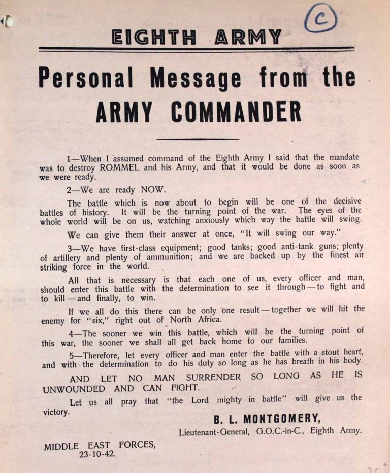 A printed flyer headed 'Personal Message from the ARMY COMMANDER' with a list of points including 'AND LET NO MAN SURRENDER SO LONG AS HE IS UNWOUNDED AND CAN FIGHT.'