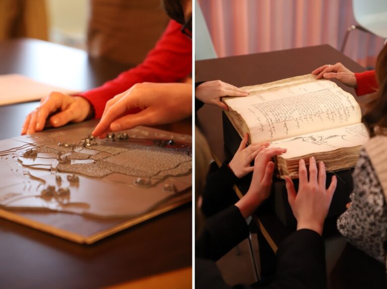 Two images side by side. The image on the left is a close-up of a student’s hand touching a small house on a tactile model of a medieval map. The image on the right shows two students touching the pages in a thick archival book containing pages filled with elaborate calligraphy.